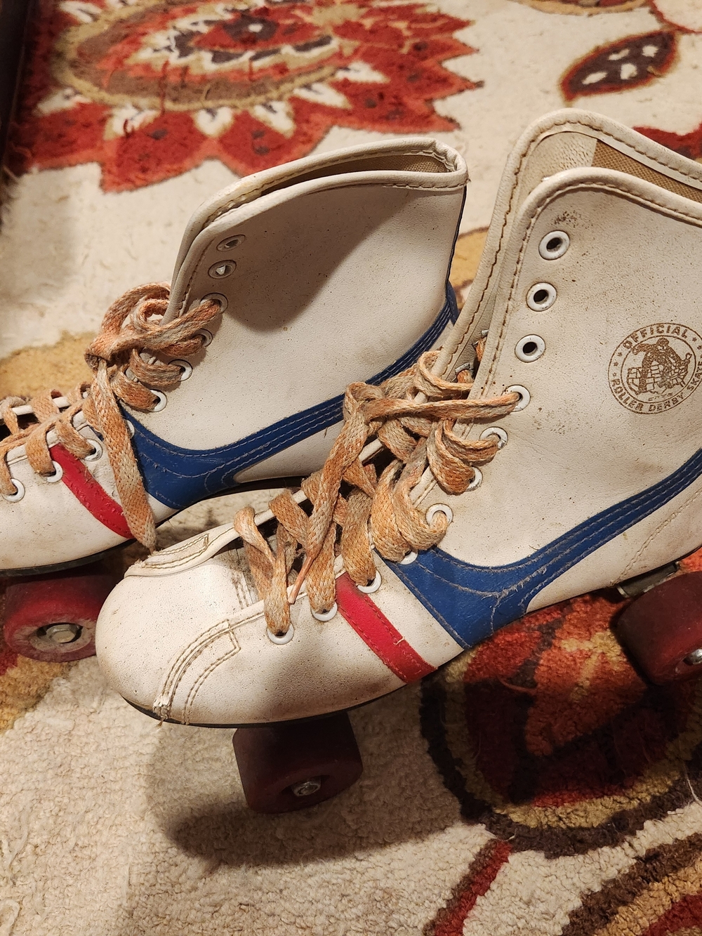 Vintage White Roller Skates with Blue & Red Derby Stripes